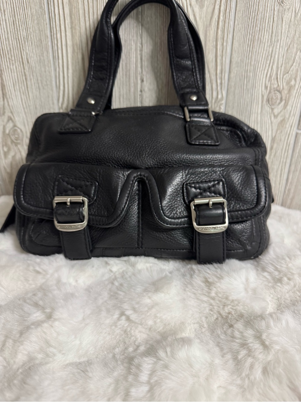 Michael Kors Black Leather Shoulder Bag with Buckle Front Pockets Vintage